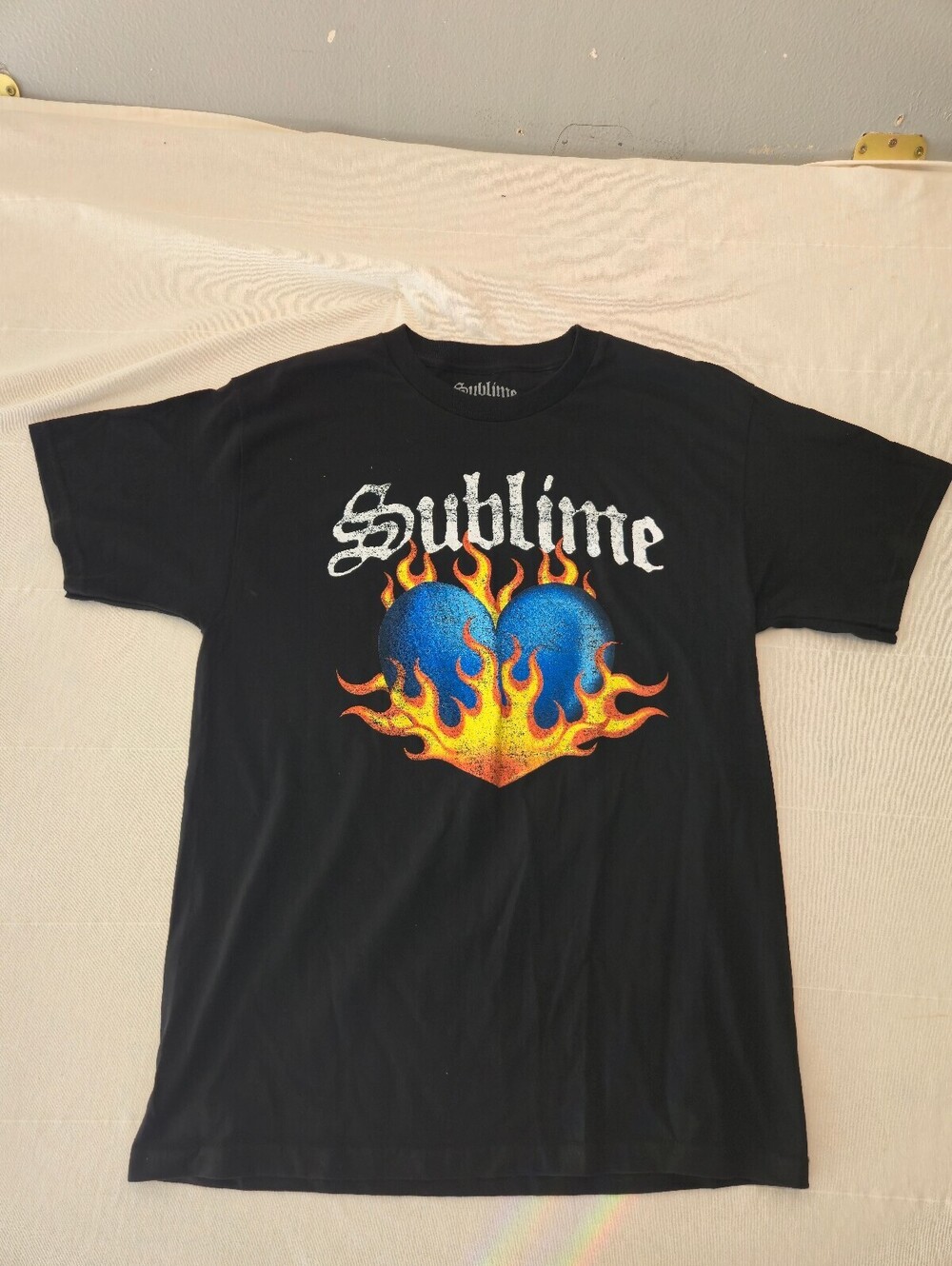 Sublime Black Graphic T-Shirt with Flaming Blue Heart Design XL New